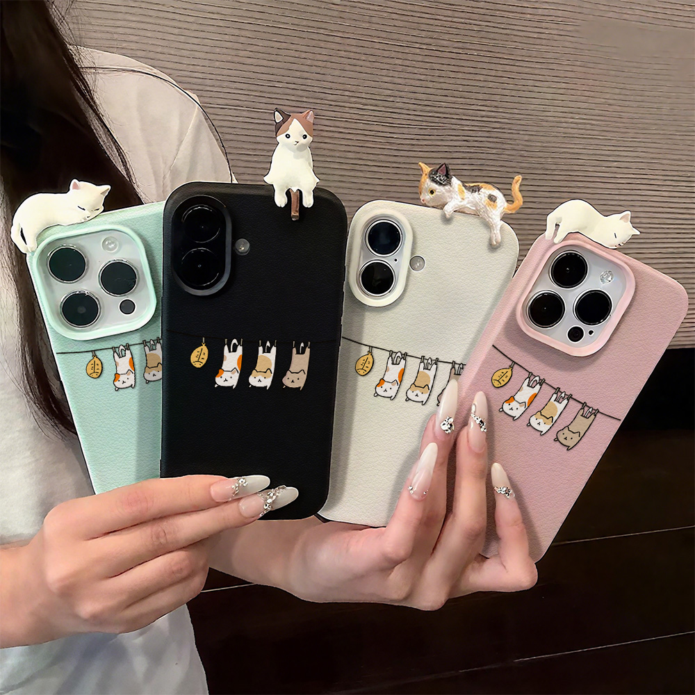 Phone Cases Leather - Etui skórzane 3D z uroczym kotem